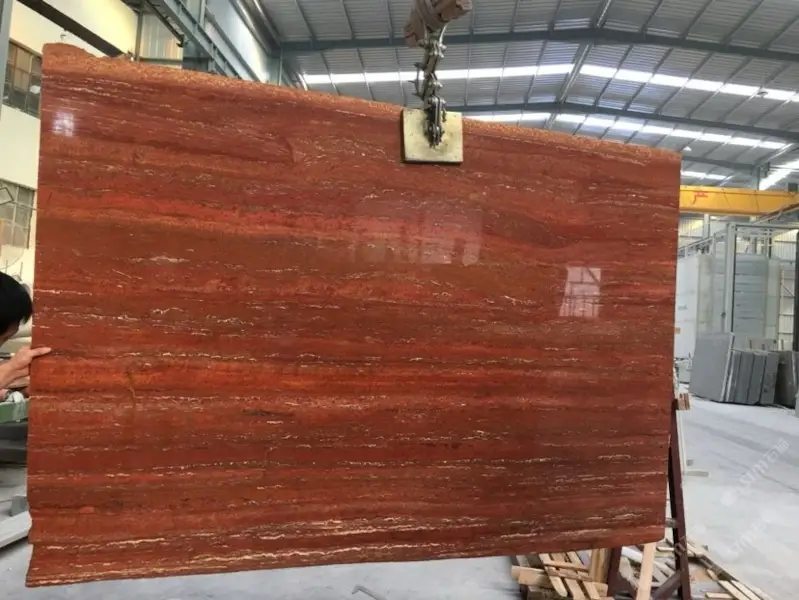 Red Travertine polished slab with deep red linear veining