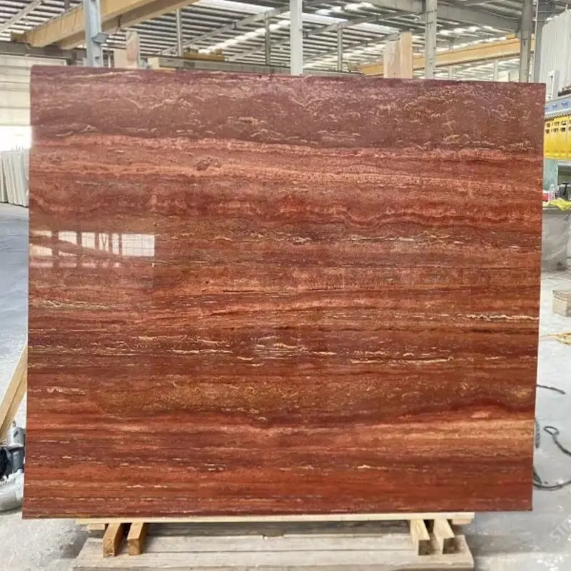 Red Travertine slab with natural layered vein pattern